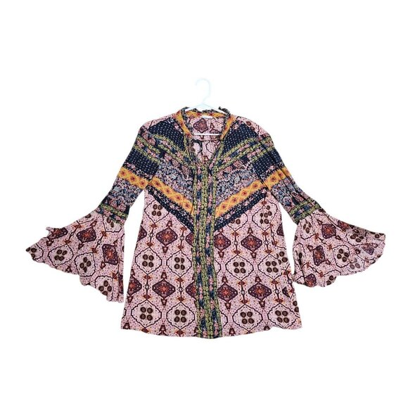 Altar’d State Boho Patchwork Tunic Dress Pink Bell Sleeve Festival Large Hippie - Picture 5 of 7